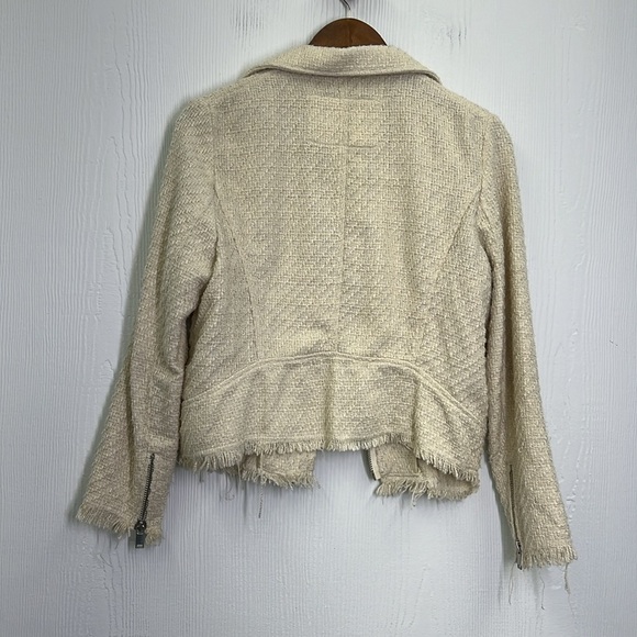 H&M - Cream Textured Tweed With Silver Hardware Moto Biker Jacket Size 6 - Picture 12 of 12